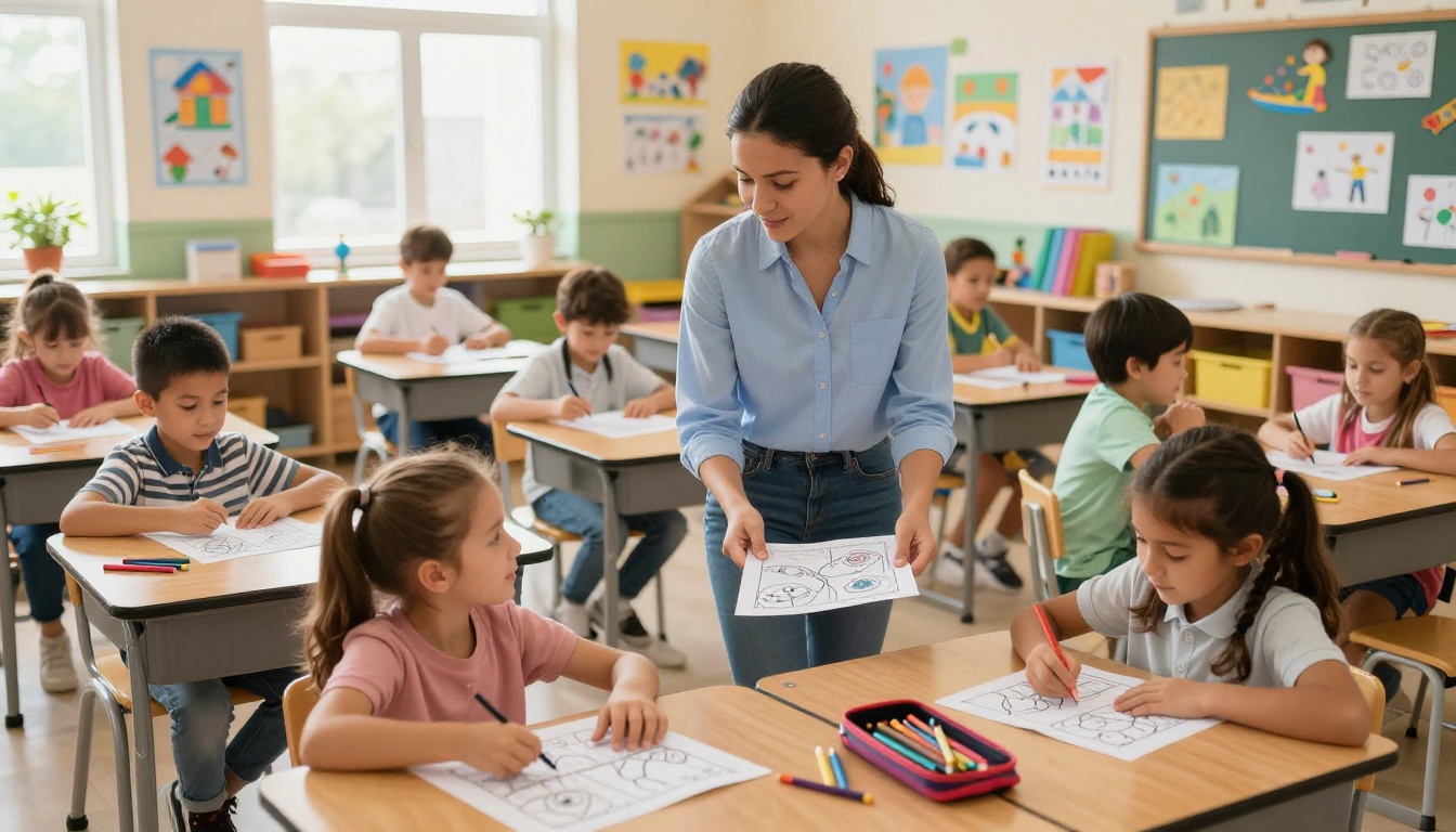 A young female teacher distributing freshly printed coloring pages to eight excited children in a bright elementary school classroom, natural daylight flooding through tall windows