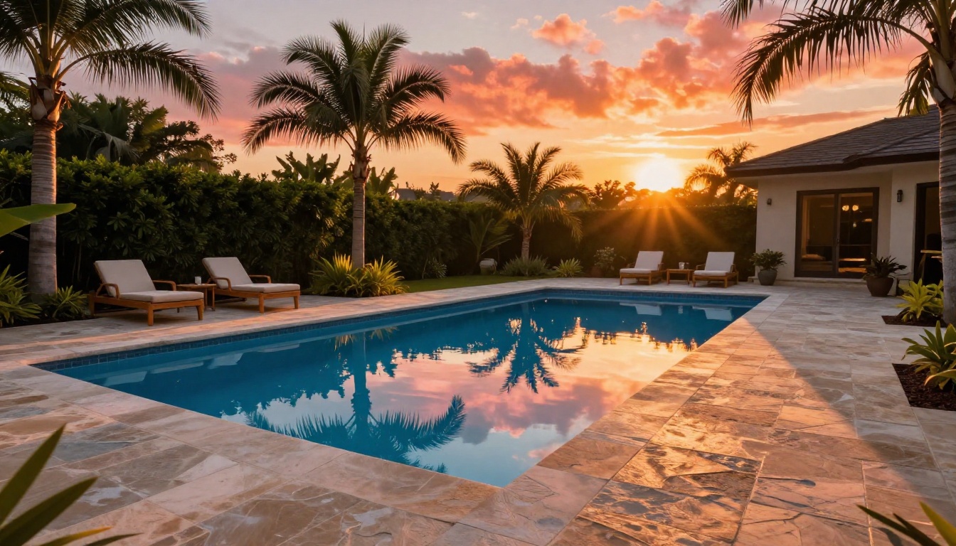 Luxury home swimming pool at golden hour with tropical landscaping reflected in water