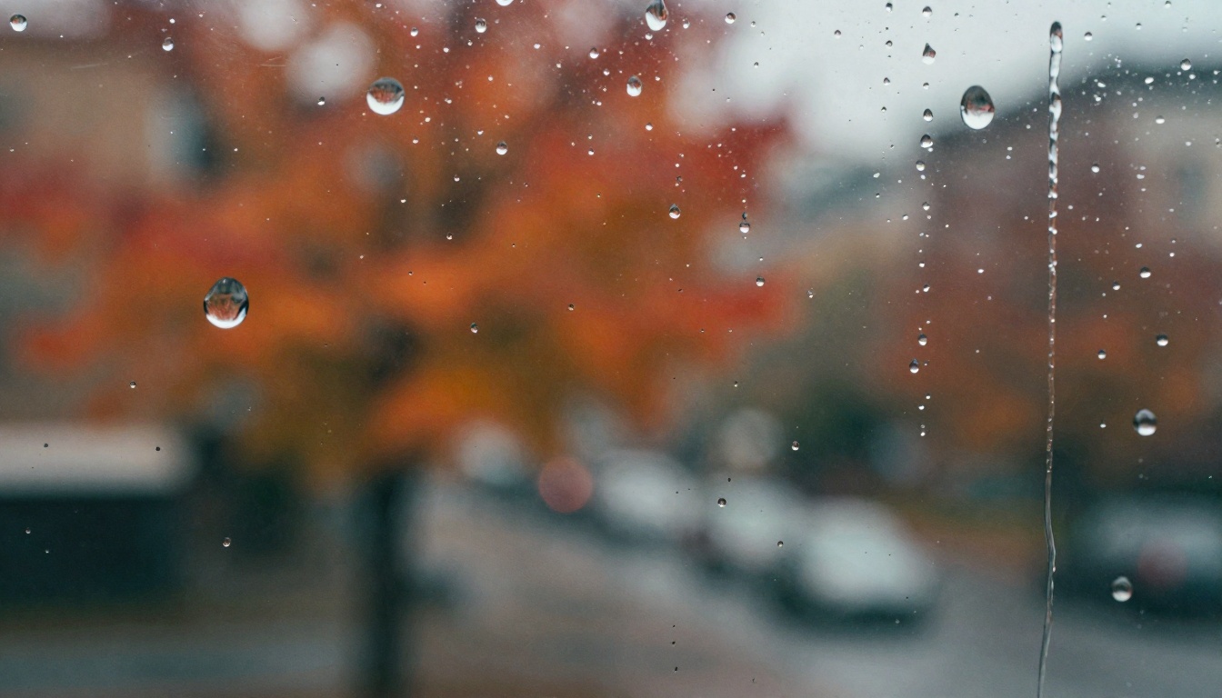 Rain drops cascading down a cold window pane, autumn street scene visible through the glass