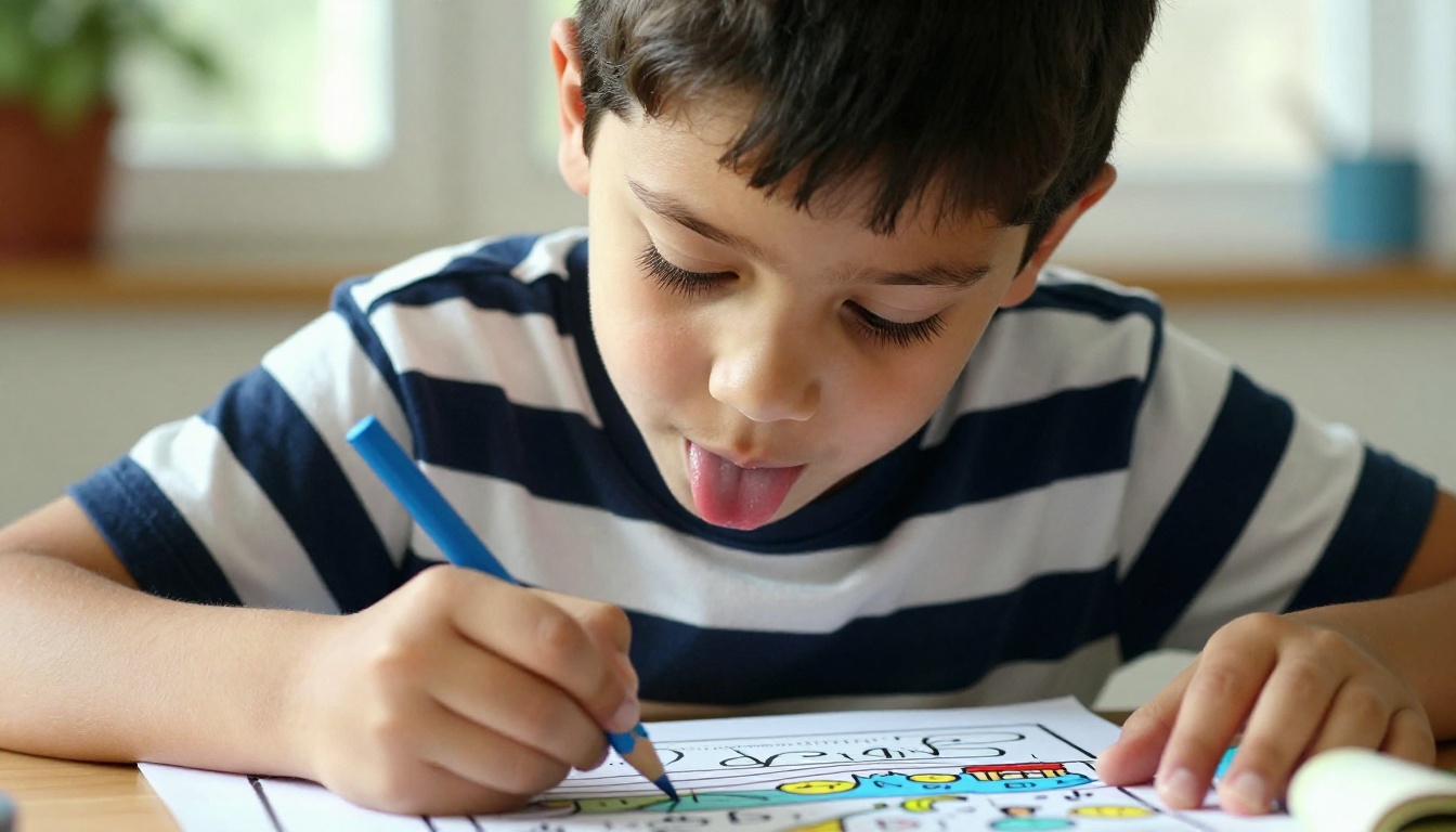 A young boy concentrating intently on coloring an ocean scene page, tongue out in focus, Rembrandt natural window light casting warm highlights across his face