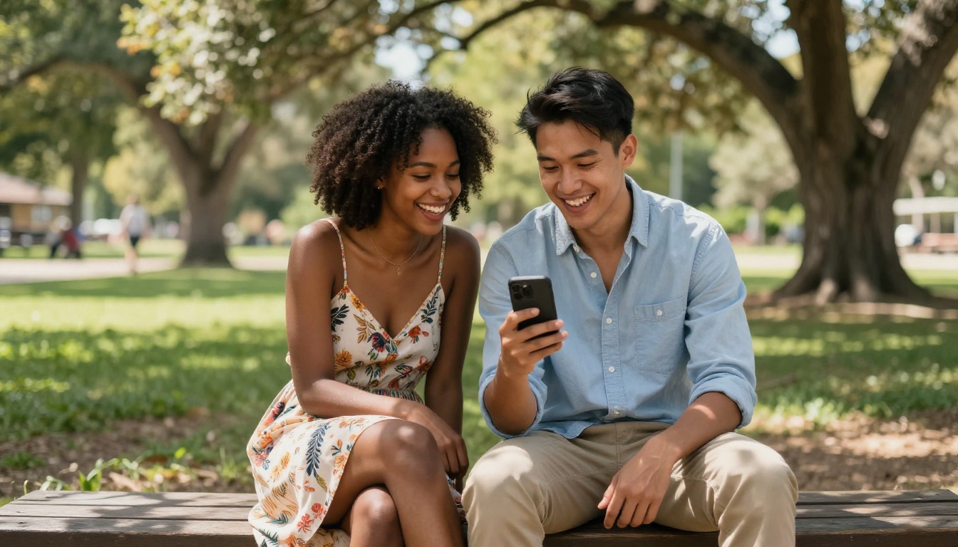 Two friends sitting on a park bench laughing together while looking at a smartphone in golden afternoon sunlight