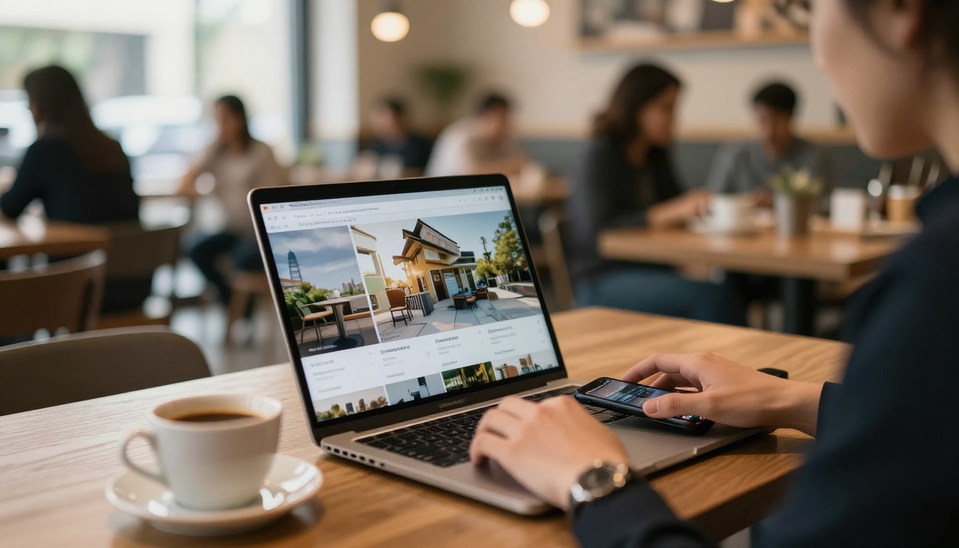 Person browsing property listings on laptop and smartphone in a coffee shop