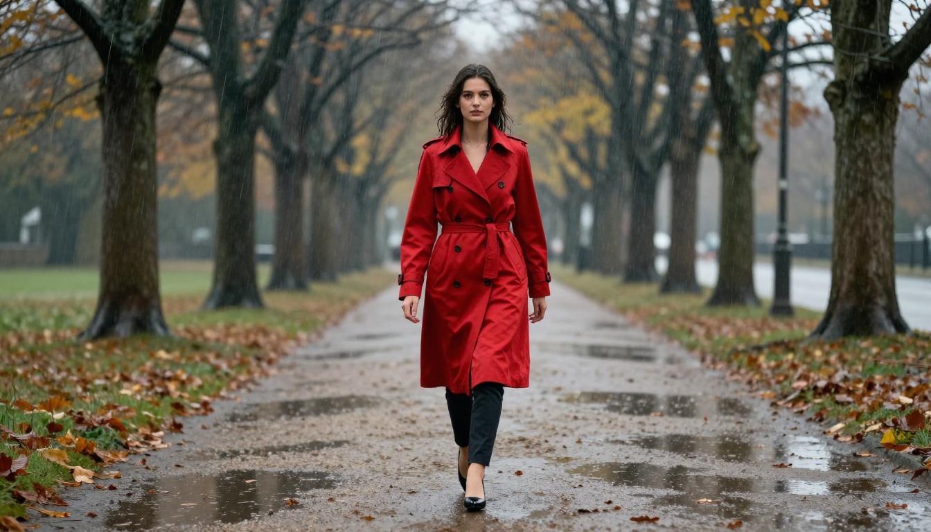 An elegant woman in a red coat walking in gentle rainfall through an autumn park path