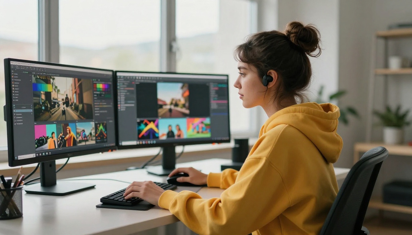 Young woman content creator at standing desk with three monitors showing colorful image grids, yellow hoodie, diffused natural daylight from floor-to-ceiling windows