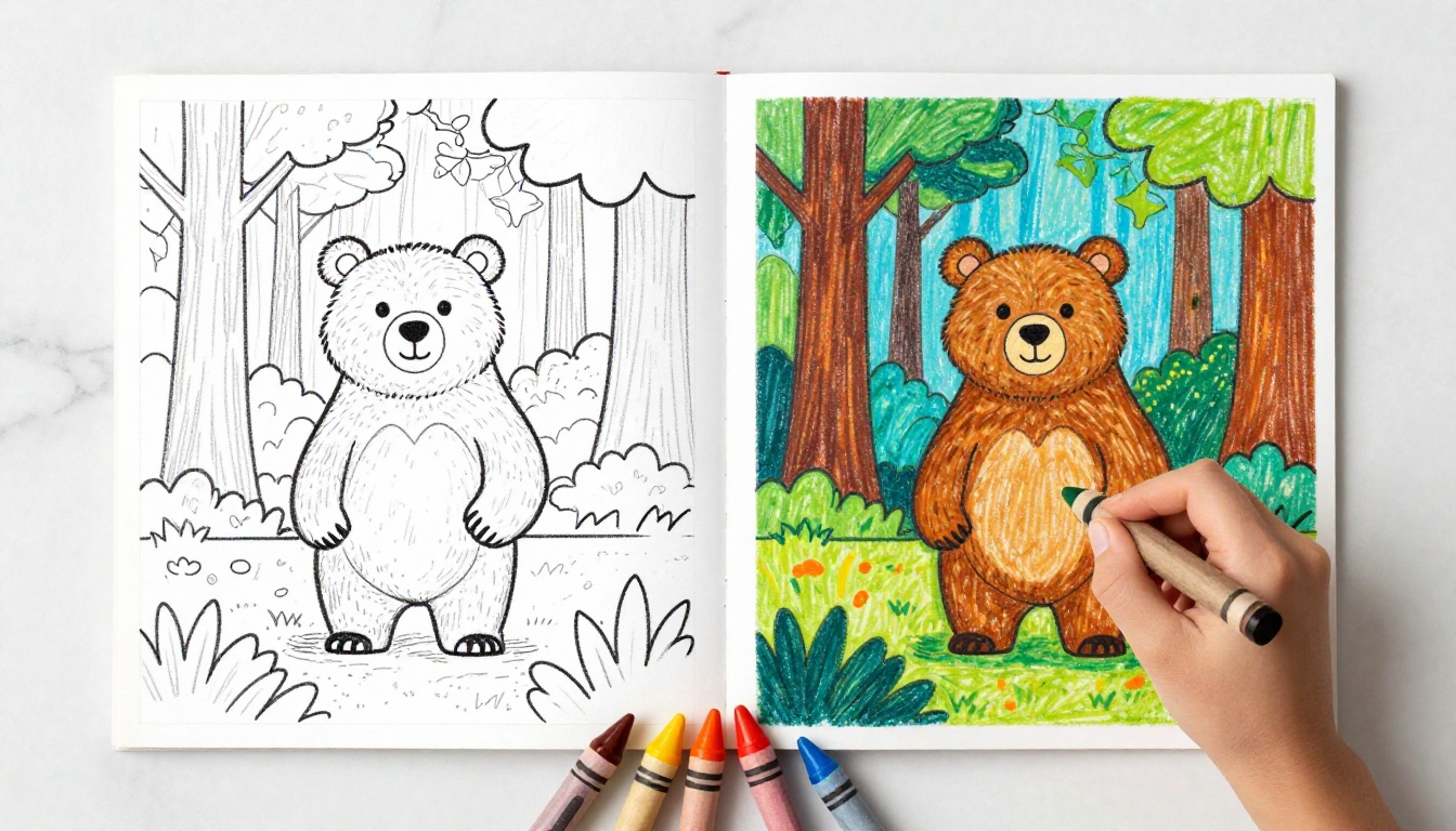 Two coloring pages side by side on white marble: a blank bold-outline bear forest scene on the left, and the same scene colored in warm golden browns and forest greens by a child's hand on the right