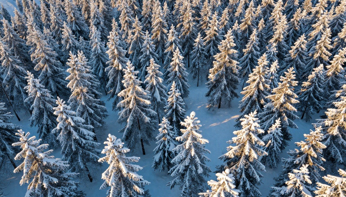 Aerial view of a dense pine forest completely blanketed in fresh heavy snow at golden hour, long shadows across white surface