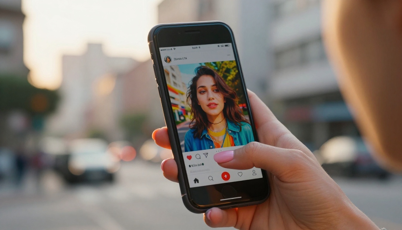 Young woman holding a smartphone against a blurred city background in golden hour light, thumb hovering over the screen to share AI-generated content on social media