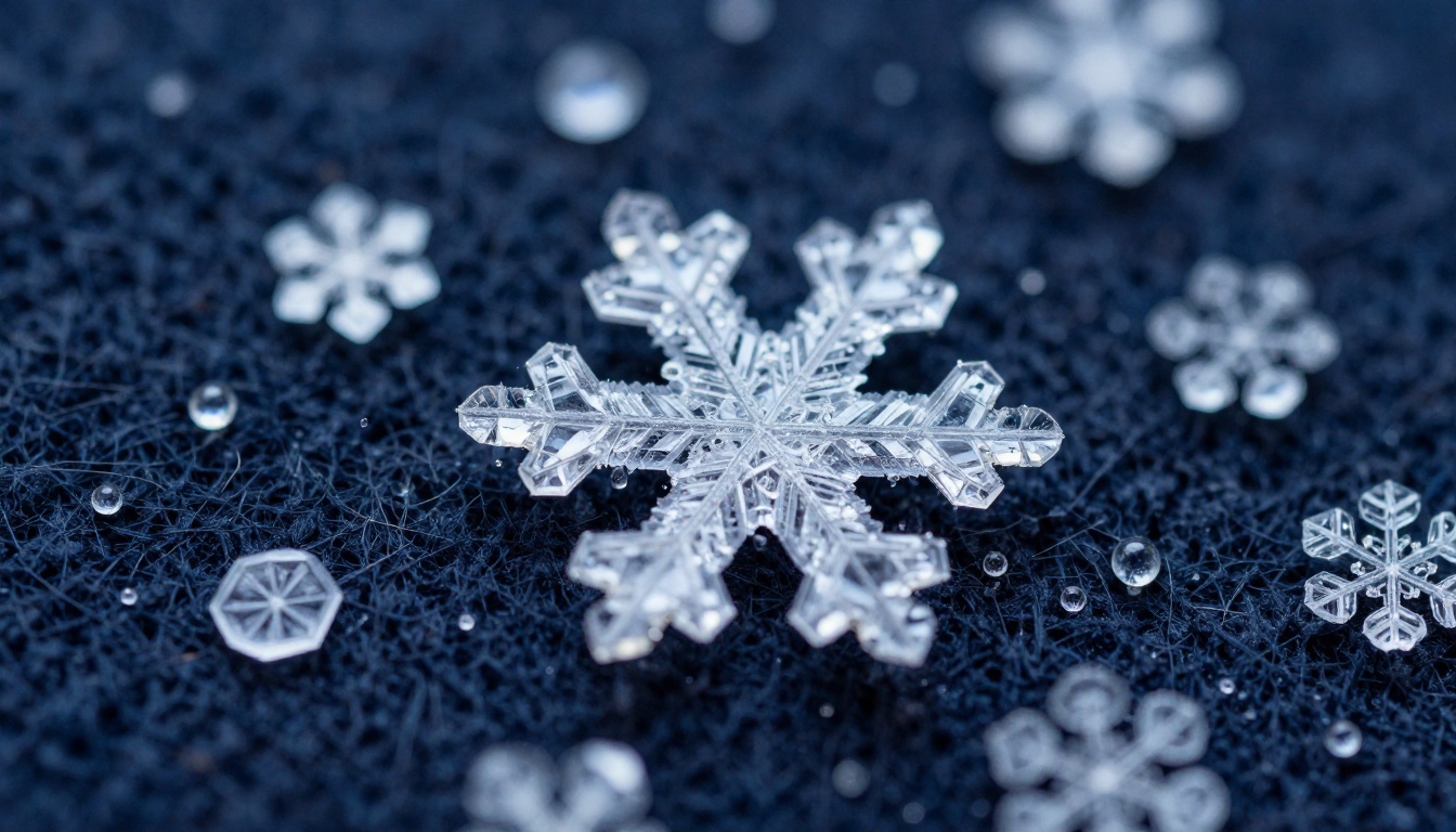 Extreme close-up of snowflake crystals on dark navy wool fabric showing intricate hexagonal ice crystal structure
