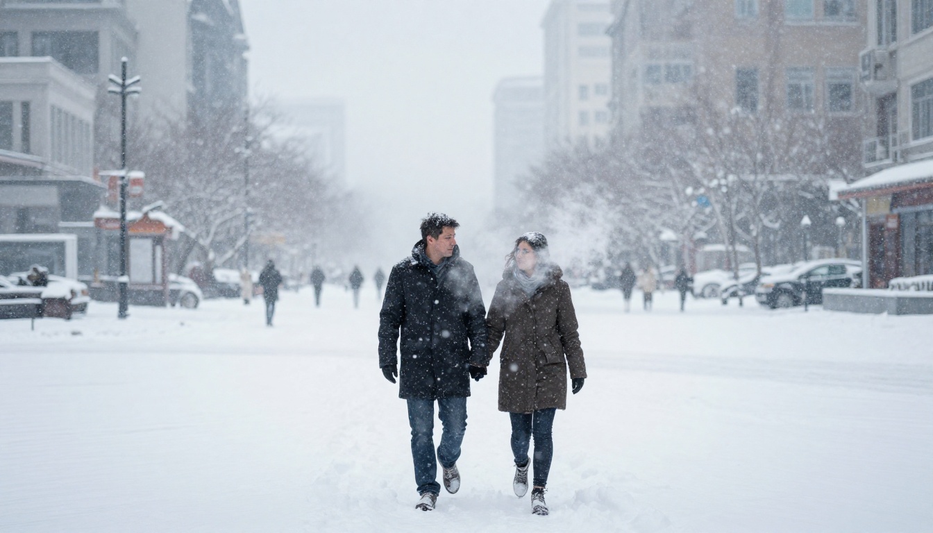 A couple walking hand-in-hand through a blizzard on a wide city plaza, snow swirling around them, distant buildings barely visible