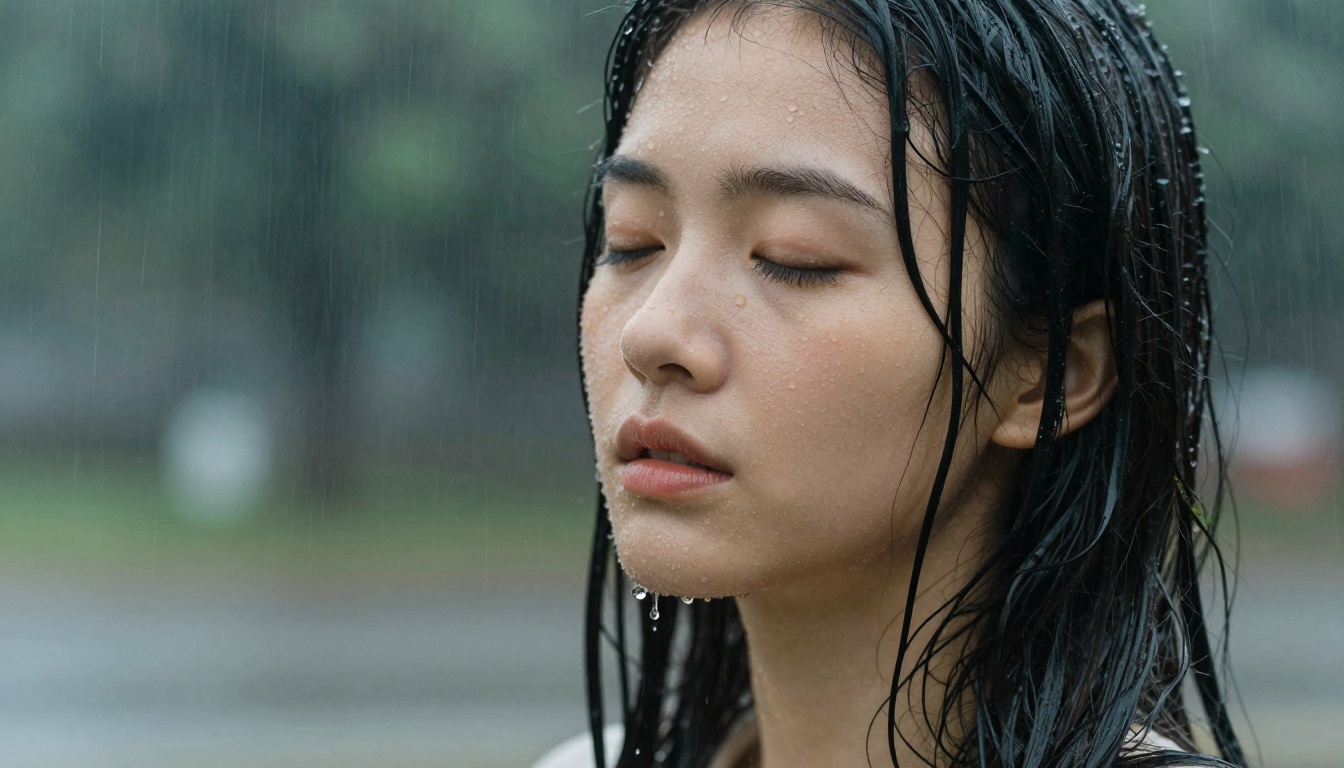Close-up portrait of a young woman with rain drops striking her face, wet hair clinging to her cheeks, skin glistening