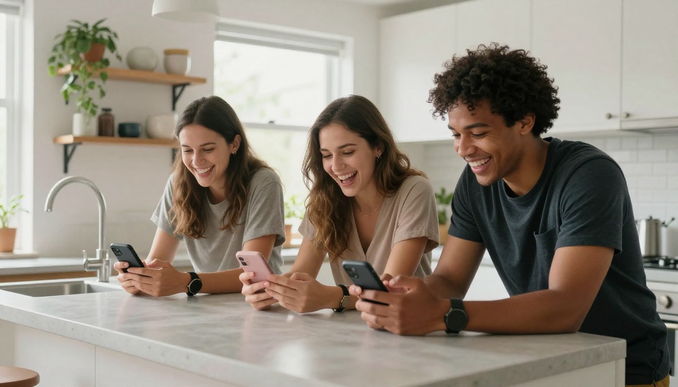 Diverse group of three young adults laughing and sharing content on smartphones around a bright kitchen island in a modern apartment with concrete countertops and open shelving