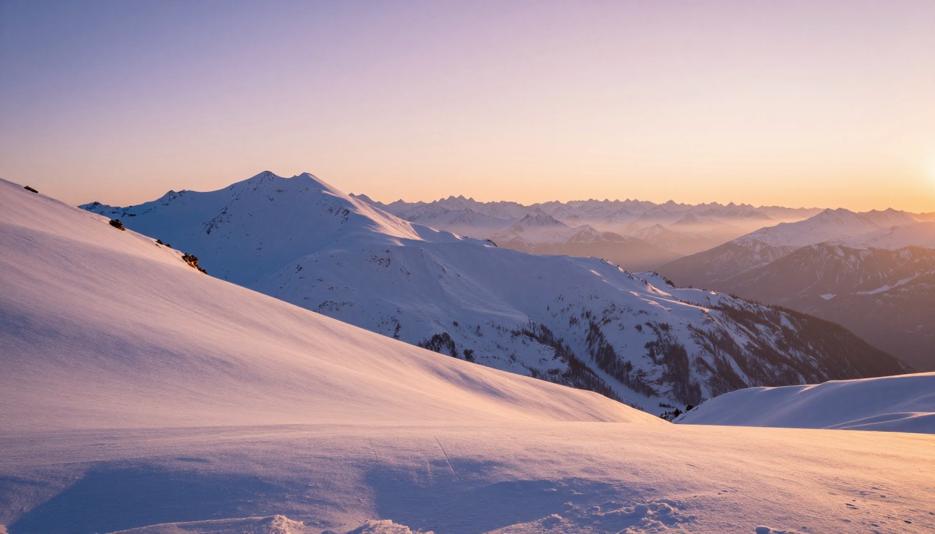 Snowy mountain landscape at dawn with vast snow-covered peaks bathed in warm morning light and soft lavender sky