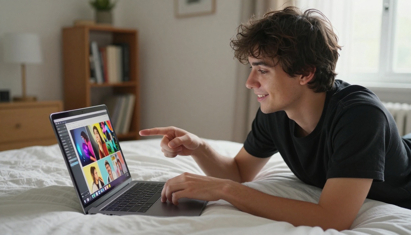 Young man sitting cross-legged on bed with laptop showing an AI image generation interface, pointing at screen with satisfied expression, soft morning light
