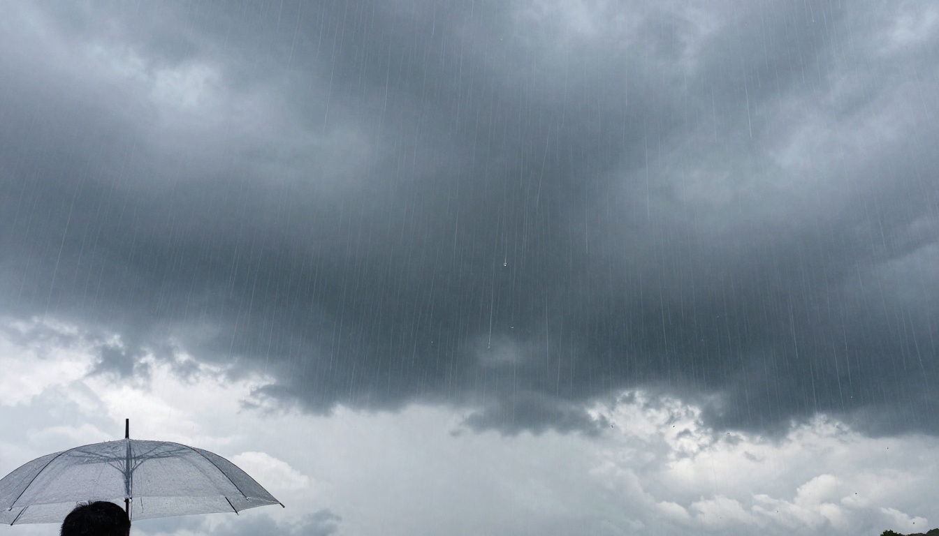 Low-angle view looking up at heavy rain falling from dark stormy clouds, a clear umbrella visible at the edge of frame