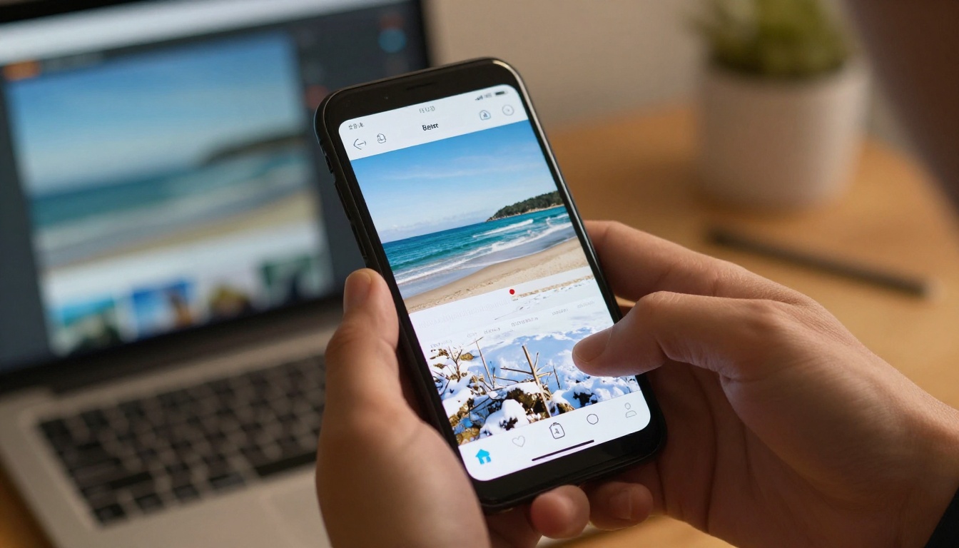 Hands holding a smartphone showing a before and after split view of a summer photo being converted to a snowy winter scene