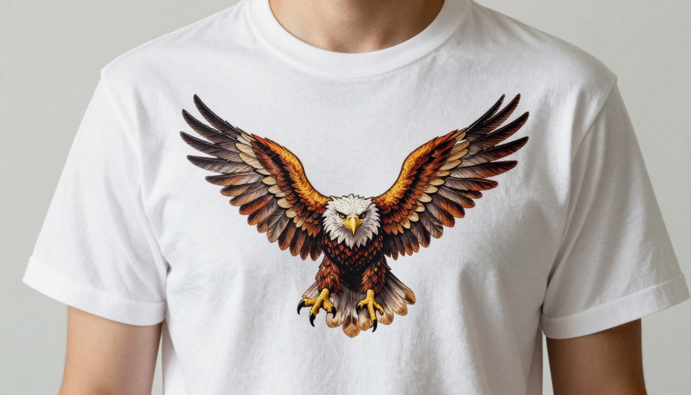 A designer's hands holding a freshly printed white cotton t-shirt with a vivid eagle graphic