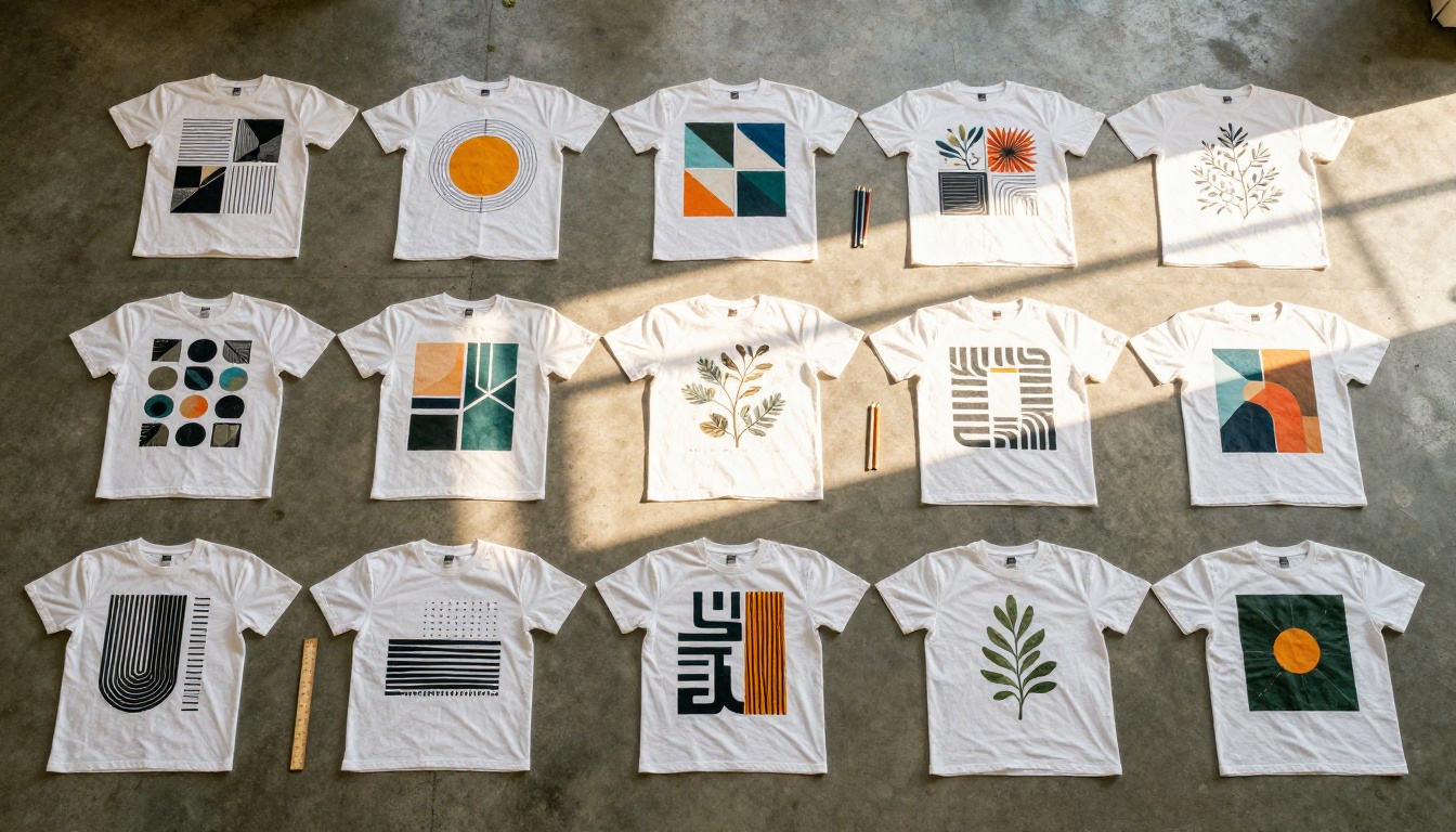 Overhead flat-lay of multiple white t-shirts with different AI-generated graphic designs