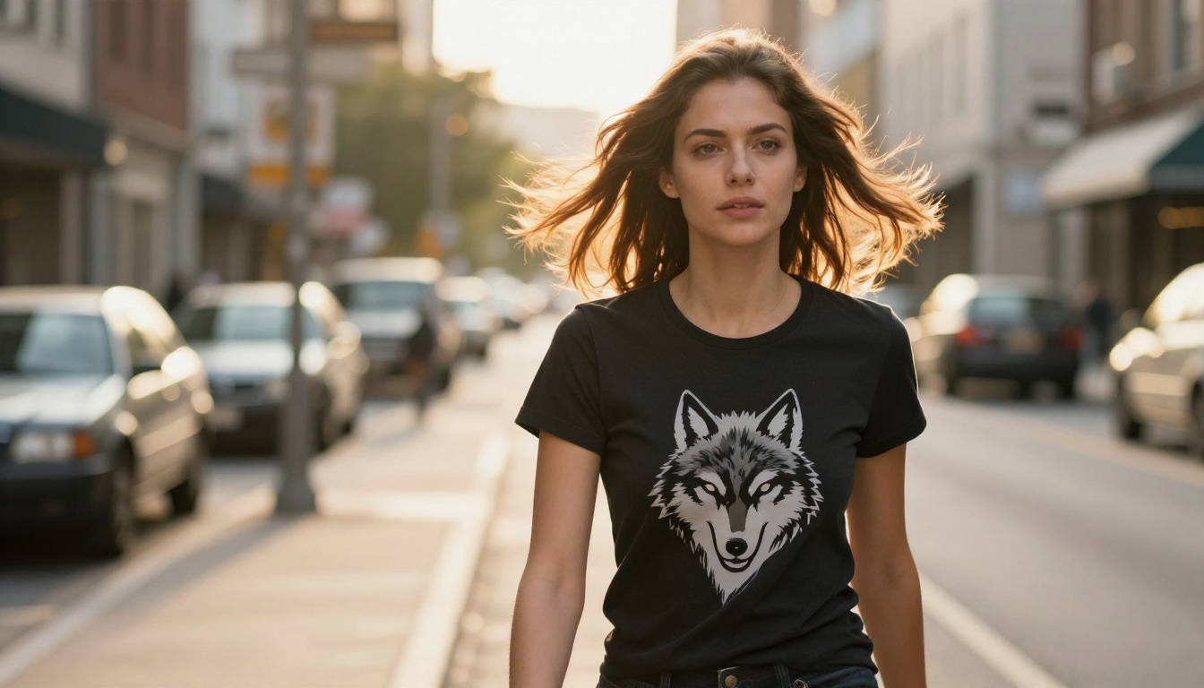 Young woman walking down a sunlit urban street wearing a fitted black t-shirt with a minimalist wolf graphic