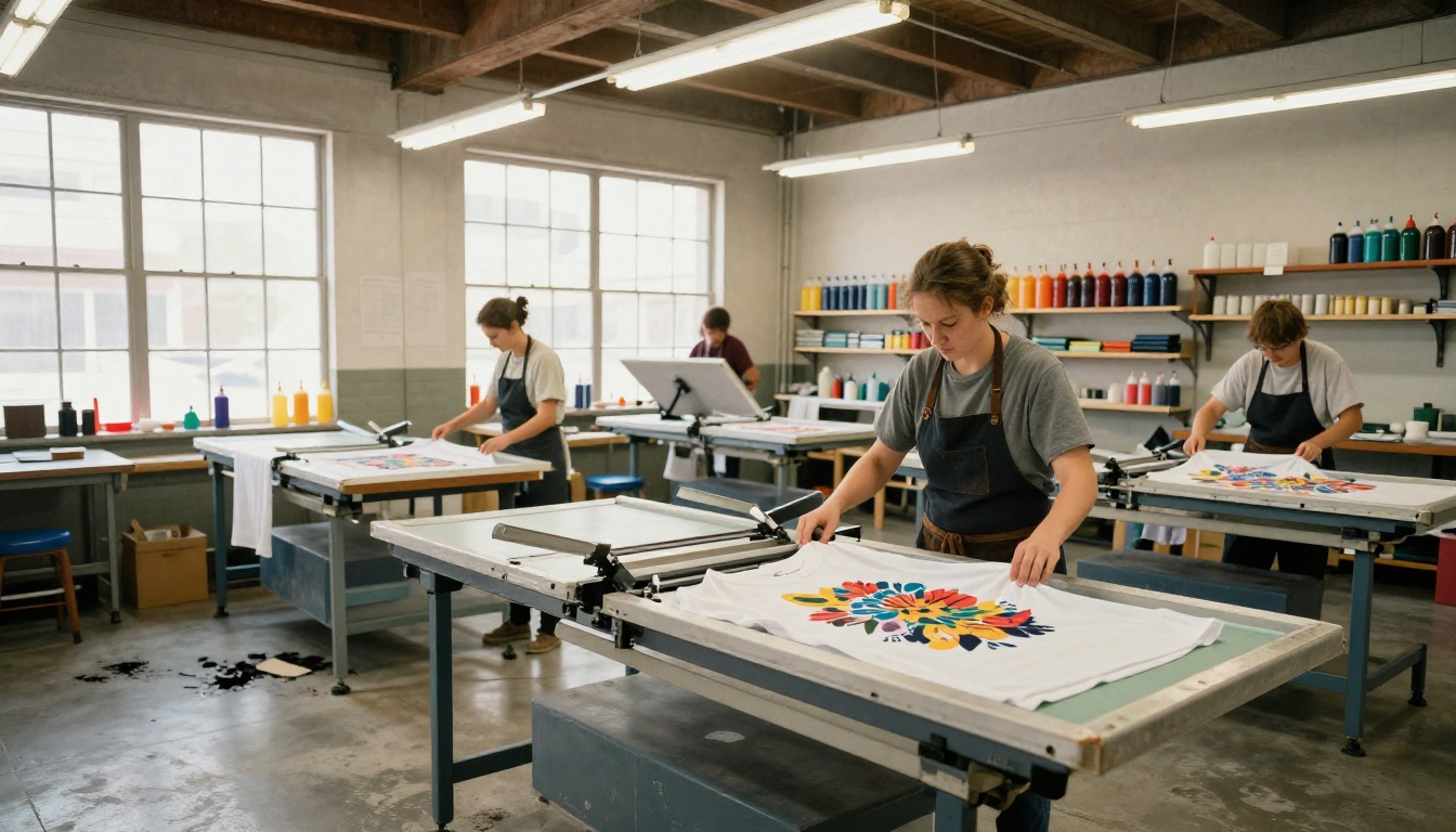Wide shot of a print-on-demand workshop with workers at screen printing stations