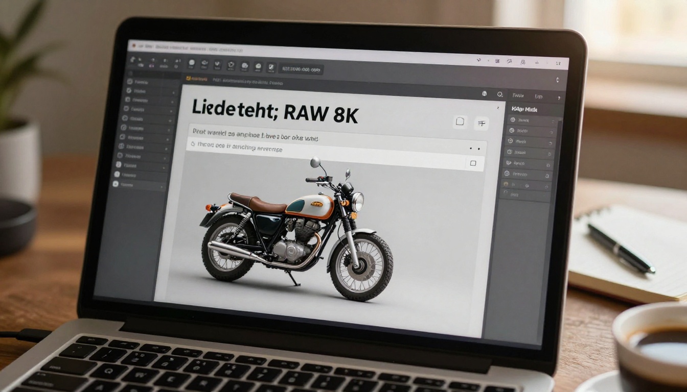 Close-up of a laptop screen showing an AI text-to-image interface generating a vintage motorcycle graphic