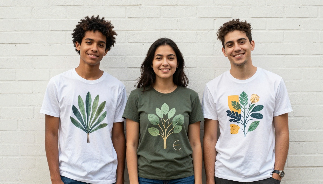 Three diverse young adults wearing custom-designed t-shirts with botanical, geometric, and abstract AI-generated artwork