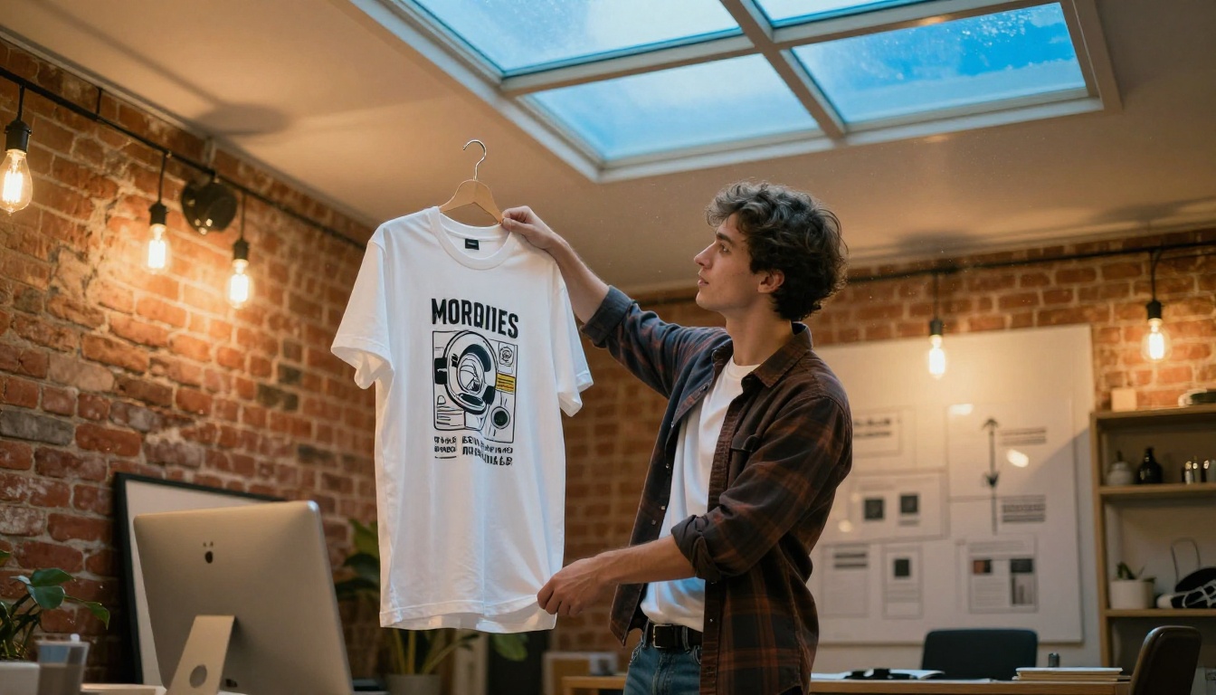 Young male entrepreneur standing in a creative studio holding up a white t-shirt to examine the graphic print