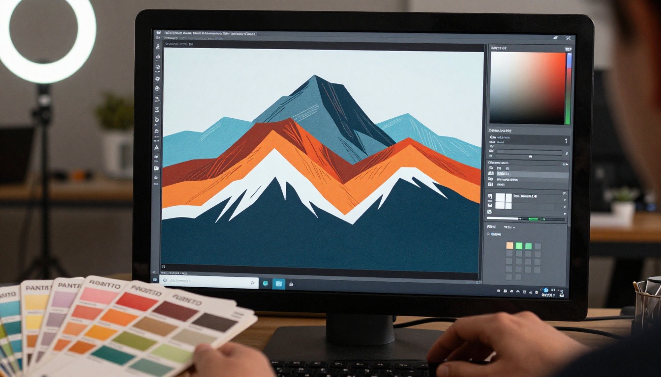 Color-calibrated monitor displaying a detailed AI-generated t-shirt graphic mockup with a bold abstract mountain range design