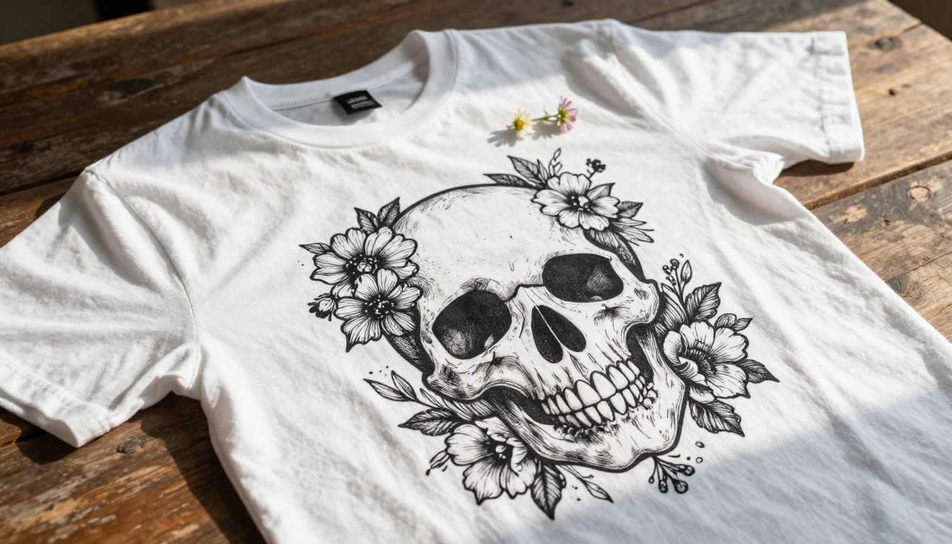 White t-shirt laid on a weathered wooden table displaying a stunning black ink floral skull graphic with intricate petal details