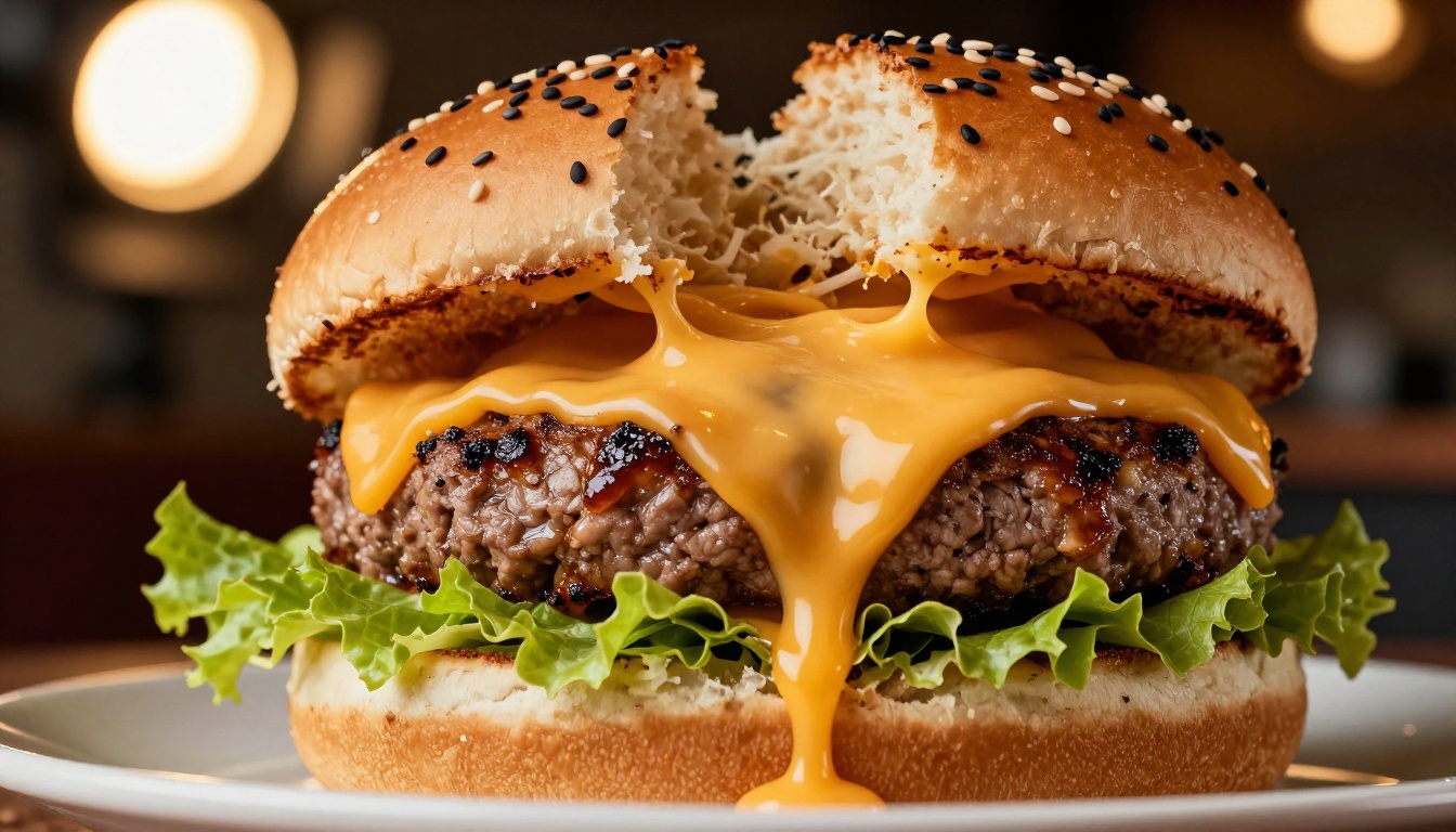 Gourmet burger close-up with melting cheese and sear marks
