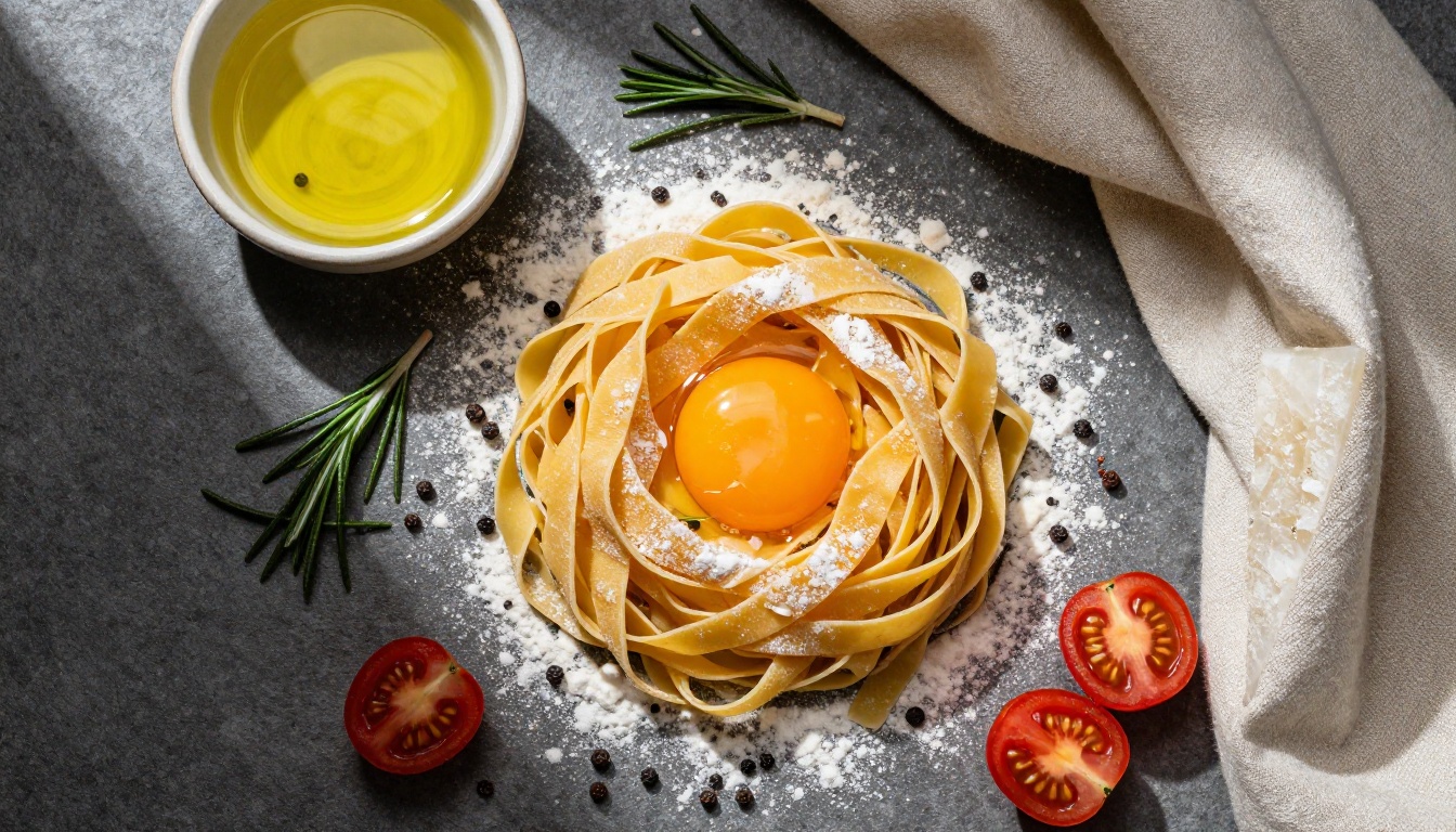 Artisan pasta tagliatelle flat lay overhead on stone surface with herbs and pecorino