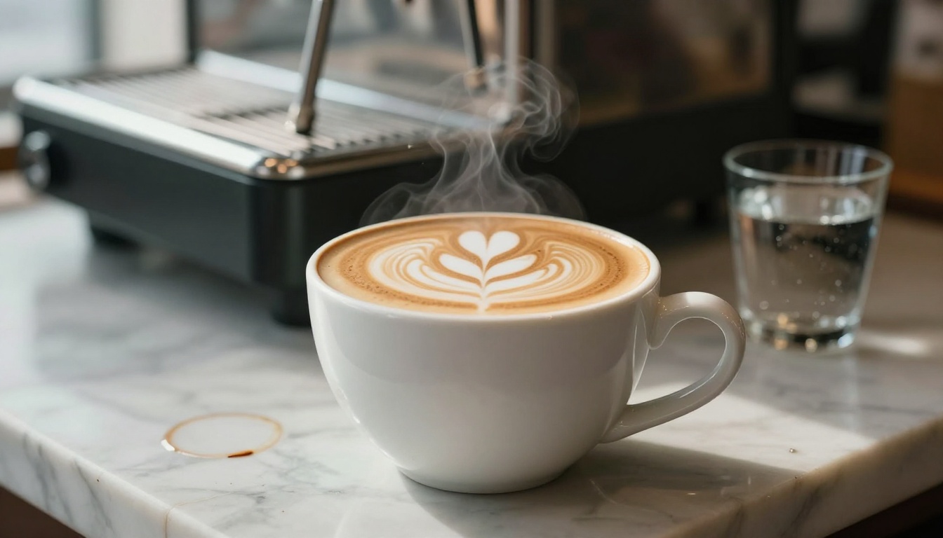 Coffee flat white with latte art rosette on marble counter in morning light