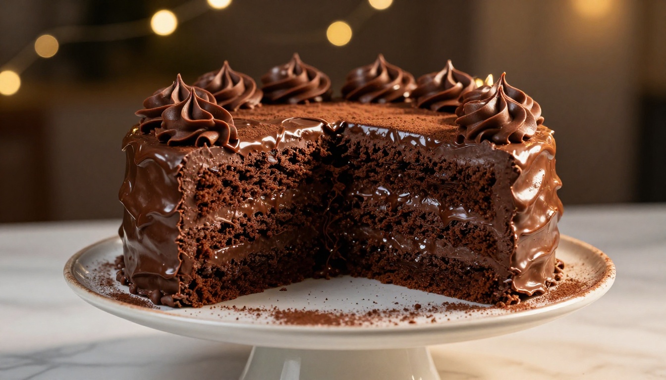 Decadent dark chocolate layer cake with ganache layers revealed and cocoa powder dusting