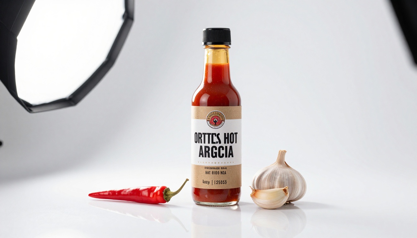 Foto de packshot de una botella de salsa picante artesanal sobre fondo blanco de estudio