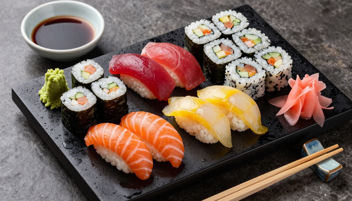 Overhead aerial view of elaborate sushi platter on black lacquered board