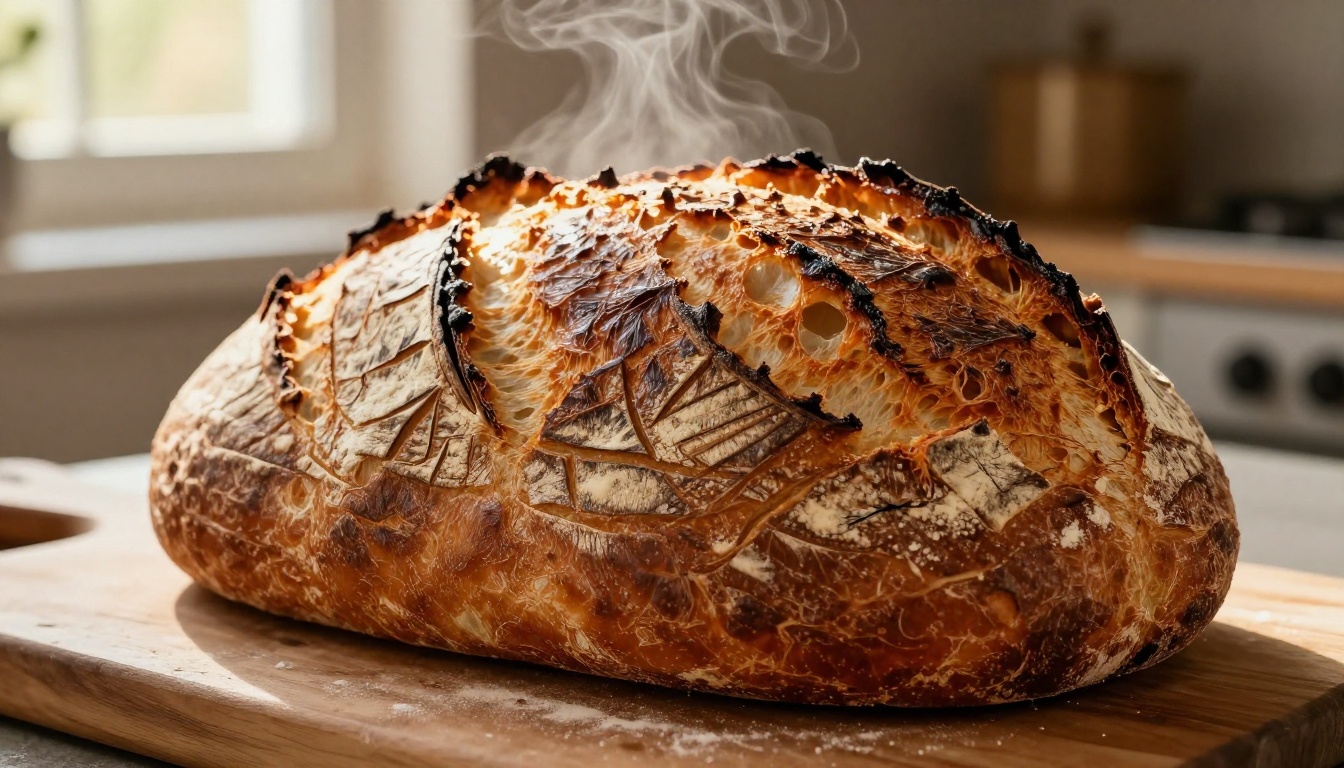 Rustic sourdough loaf with steam rising from score line and golden caramelized crust