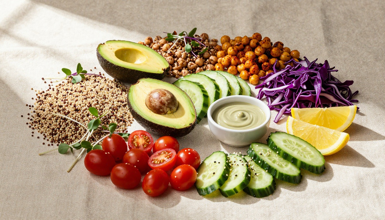 Wide flat lay of colorful buddha bowl ingredients on cream linen surface