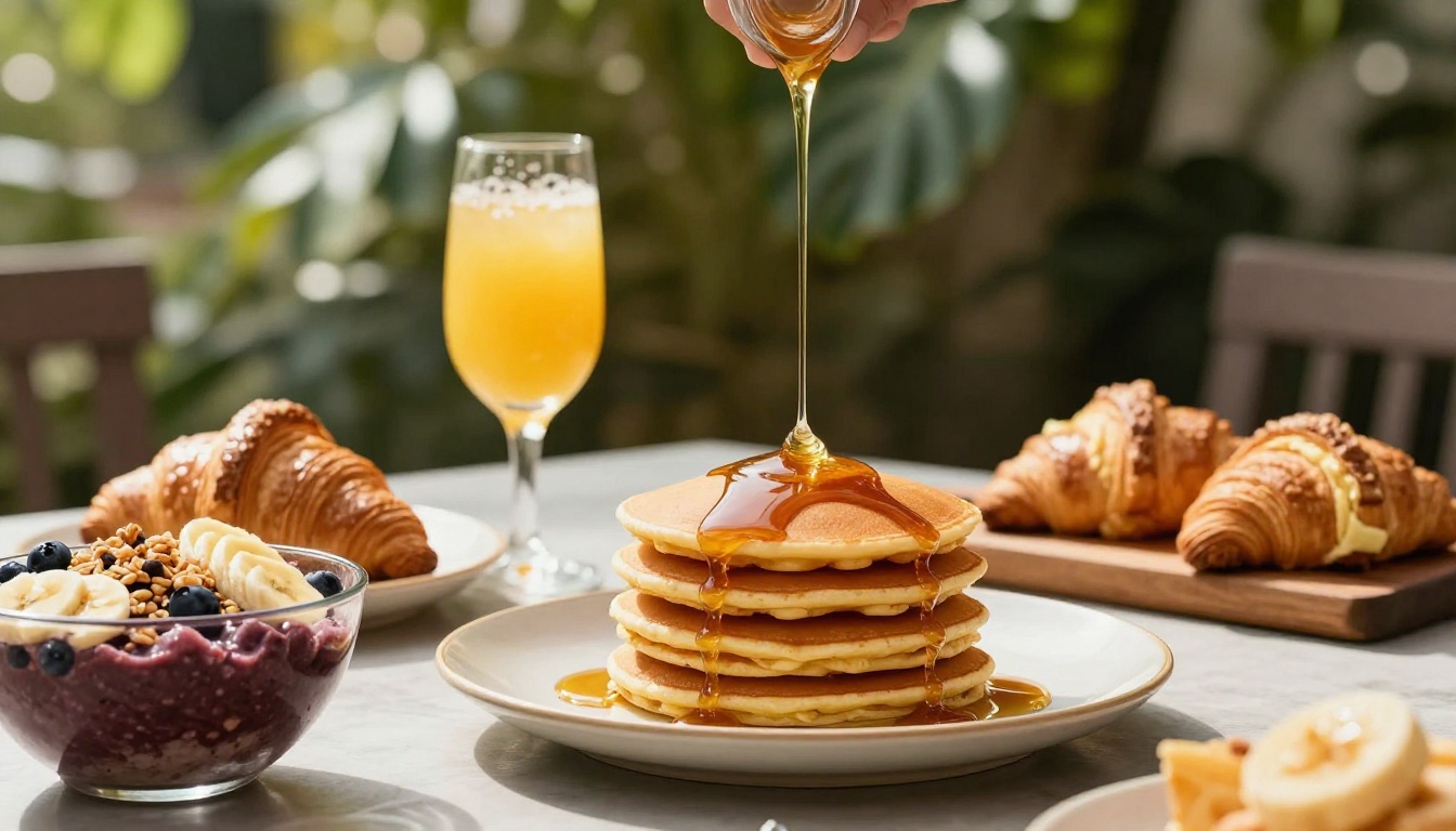 Outdoor brunch table with pancakes, acai bowl and croissants in dappled sunlight
