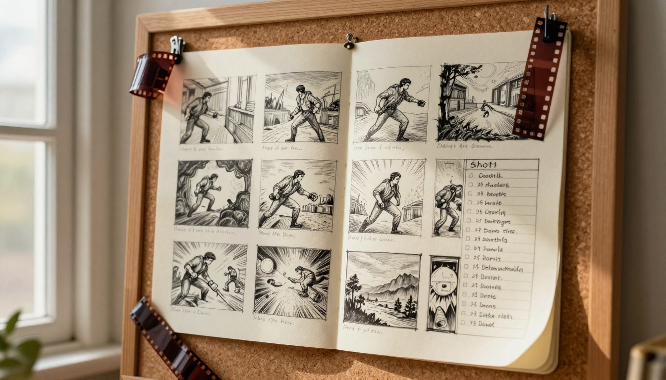 Storyboard planning on cork board with film strips and shot notes