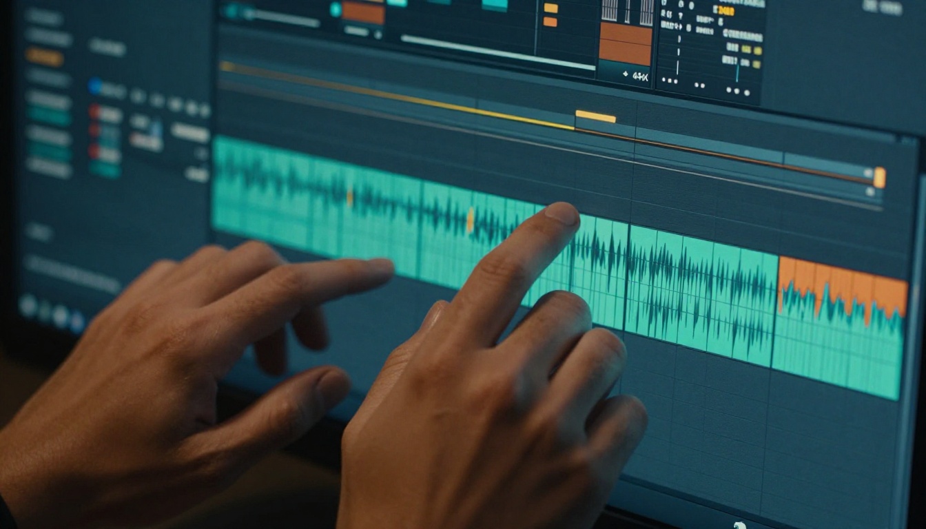 Close-up of hands on a professional video editing timeline glowing on screen