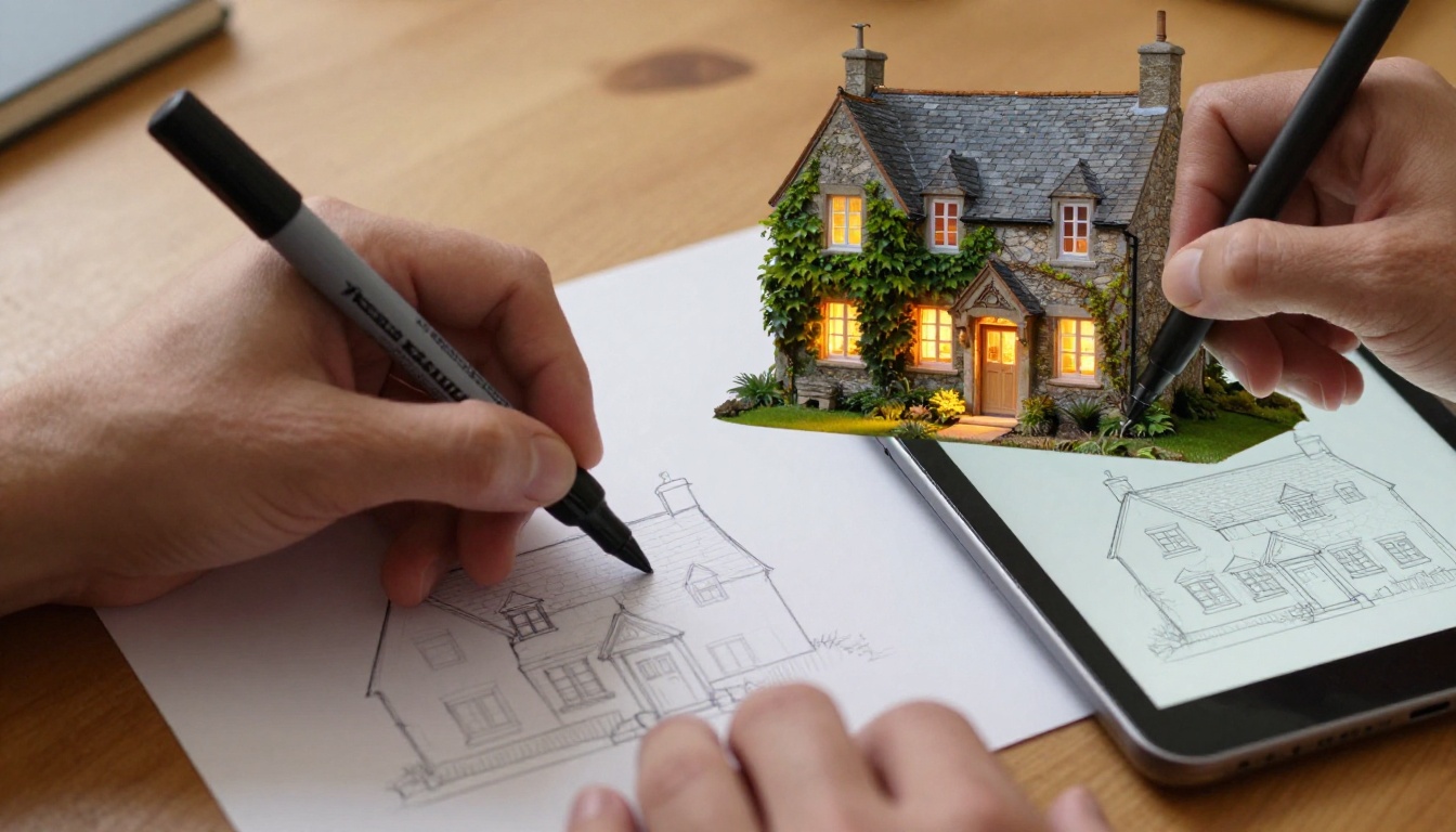 Close-up macro shot of two hands on a wooden desk, one sketching a house outline in marker while a tablet beside it shows the photorealistic stone cottage result