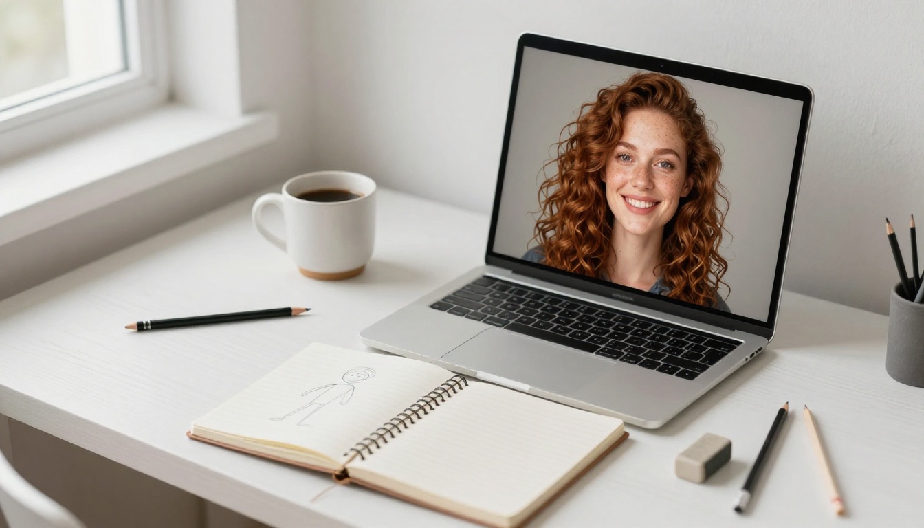 A flat-lay aerial view of a minimalist desk with a sketchbook showing a stick-figure doodle next to a laptop displaying a photorealistic portrait