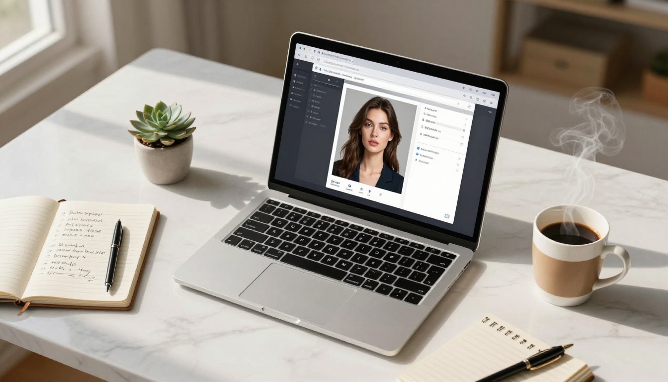 AI portrait tool workflow on laptop desk