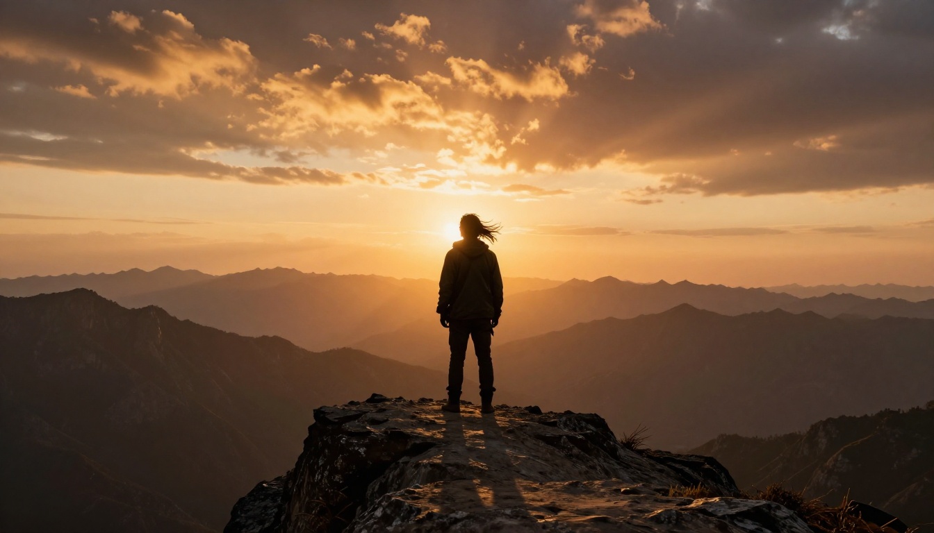 Dramatic low-angle shot of a hero silhouette on a cliff at golden hour