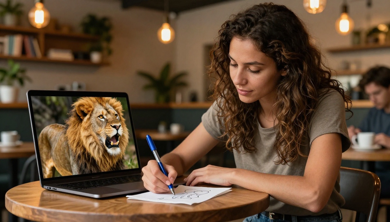 A woman with natural hair sits at a cafe table drawing an animal shape on a napkin while her laptop screen shows a majestic photorealistic lion