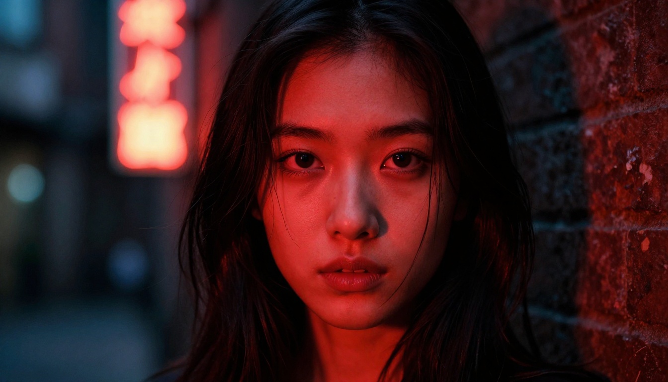 Dramatic close-up portrait of a woman lit by red neon light in a dark alley Dramatic close-up portrait of a woman lit by red neon light in a dark alley