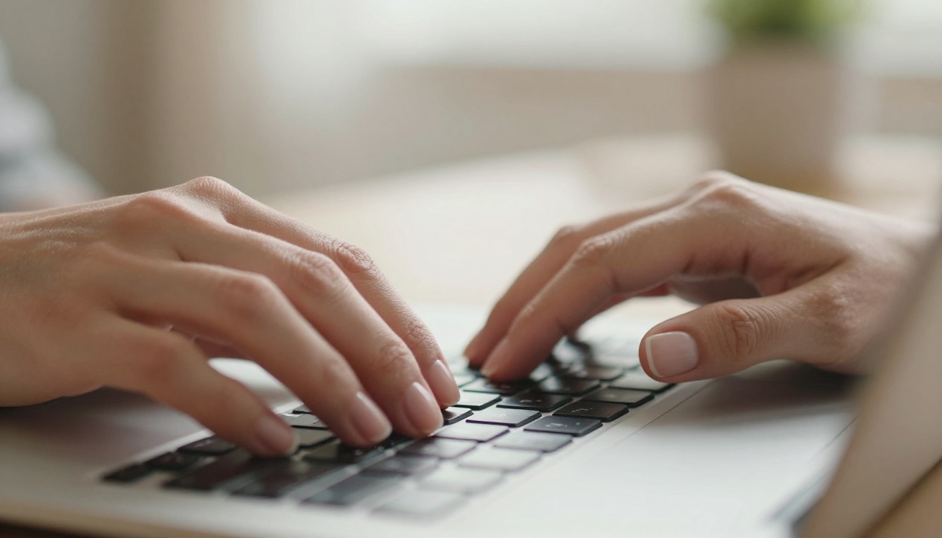 Extreme close-up of hands typing a script prompt into an AI text interface on a modern laptop keyboard