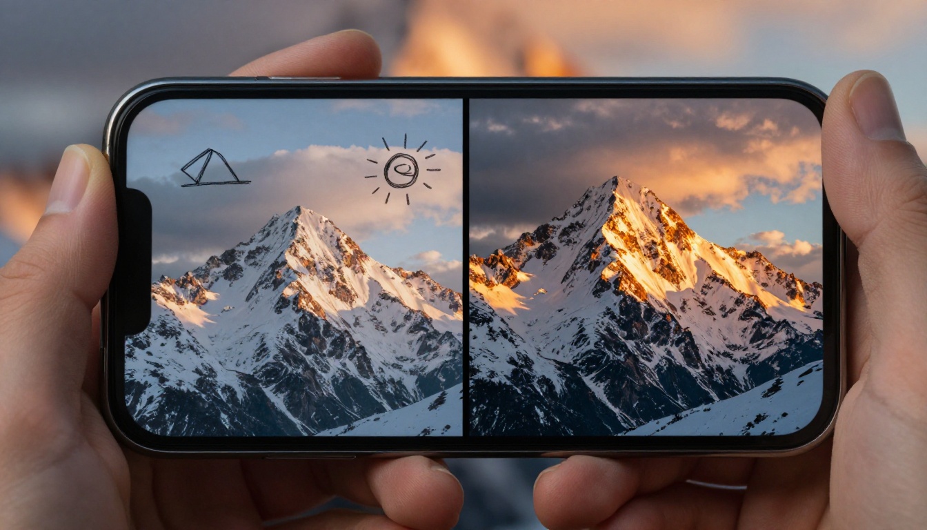 A smartphone held in a hand displaying a split screen showing a mountain doodle on the left and the photorealistic AI-generated alpine scene on the right