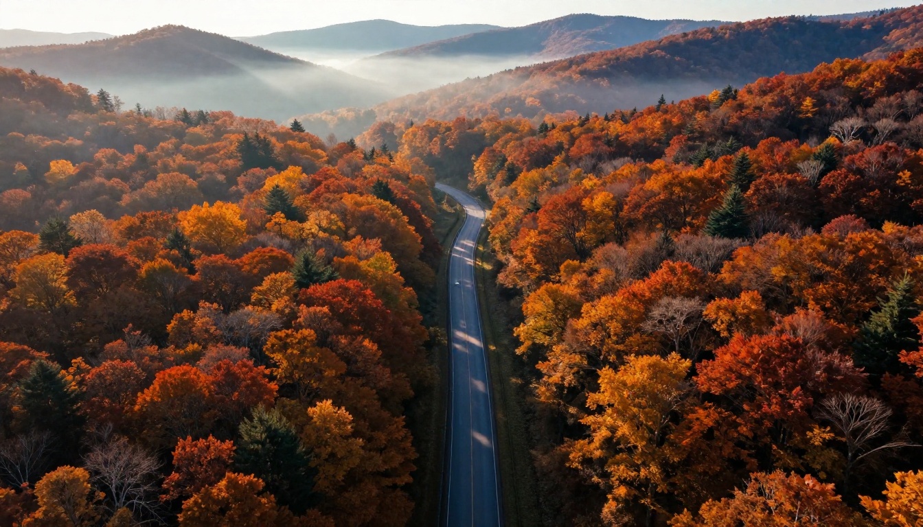 Aerial overhead shot of a winding road cutting through dense autumn forest at dawn
