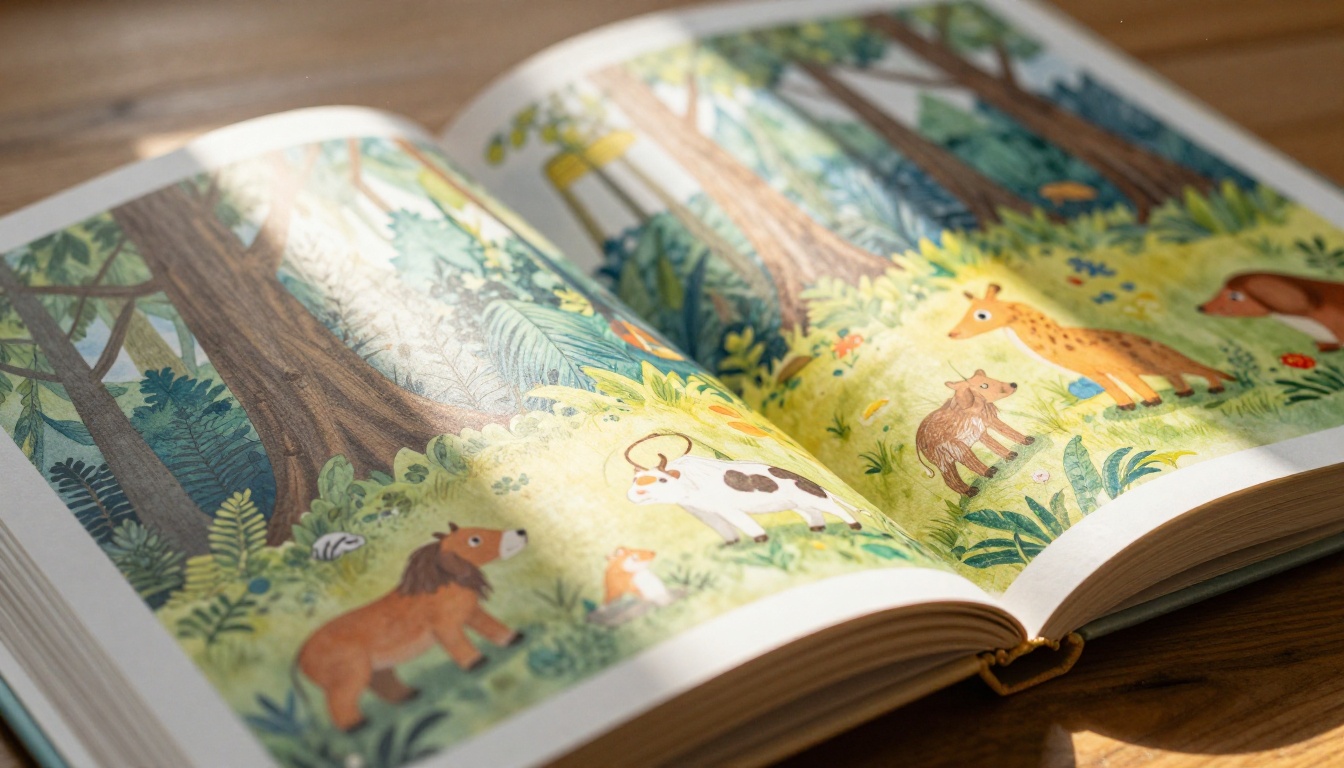 Children's picture book open on a sunlit wooden table