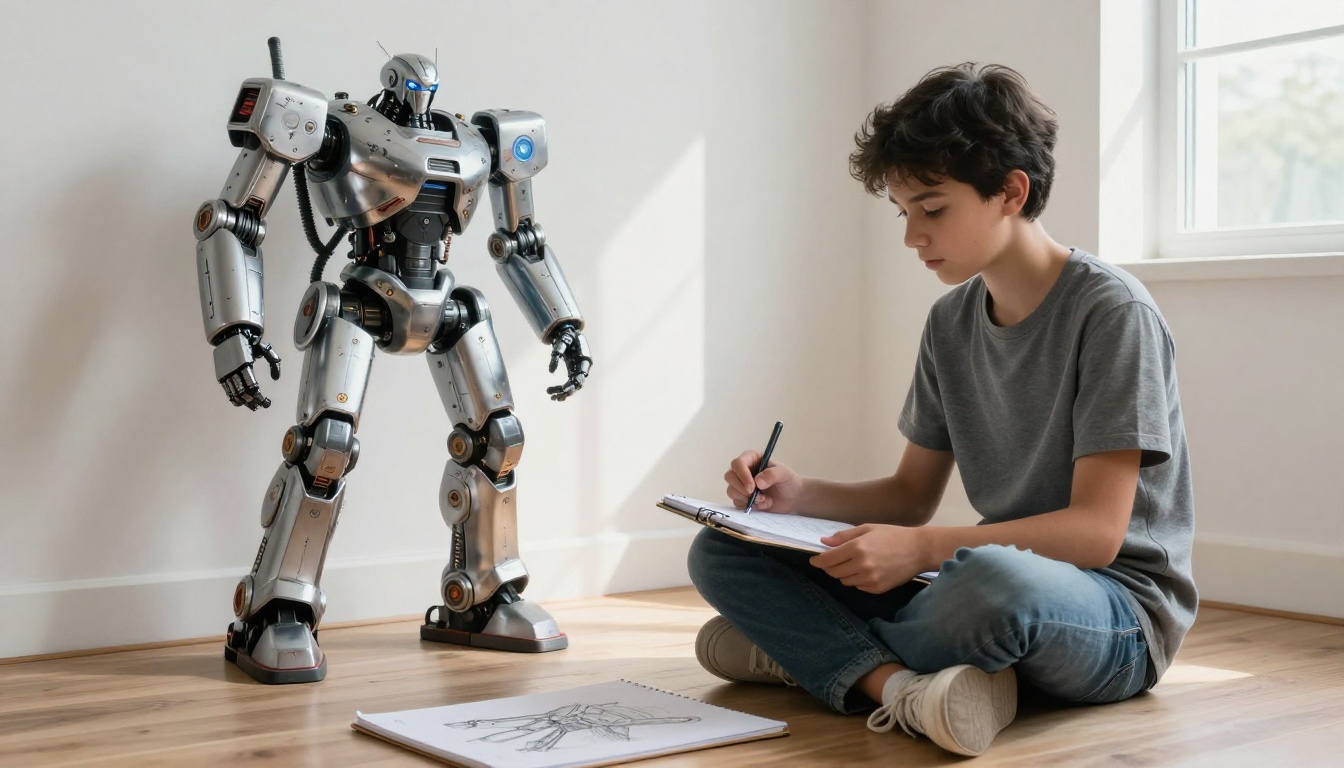 A teenage boy sitting on a bedroom floor with a robot sketch on his knees while a tablet beside him shows a stunning photorealistic chrome robot